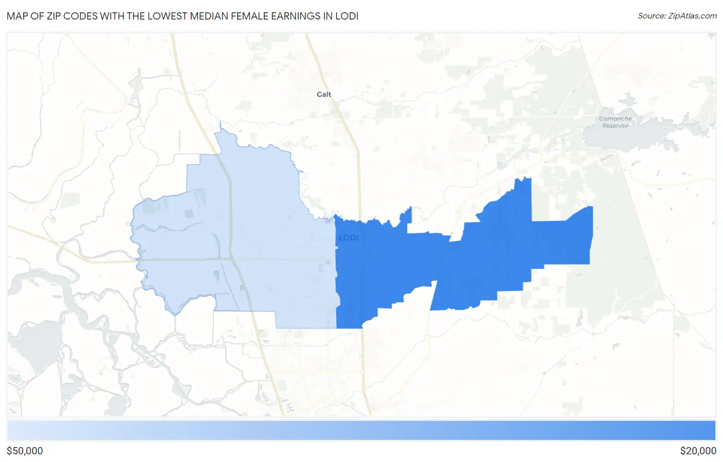 Zip Codes with the Lowest Median Female Earnings in Lodi Map