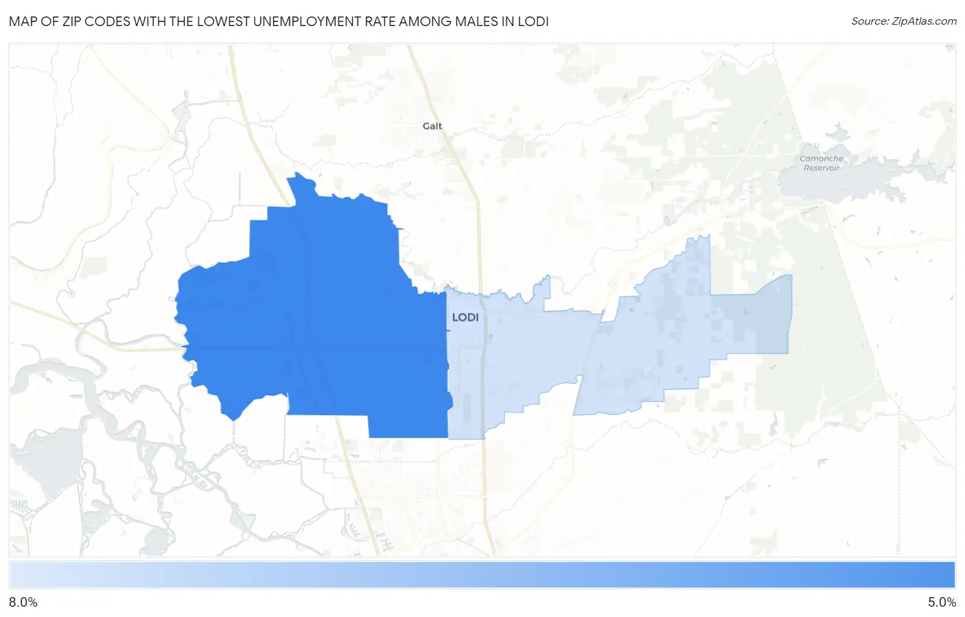 Zip Codes with the Lowest Unemployment Rate Among Males in Lodi Map