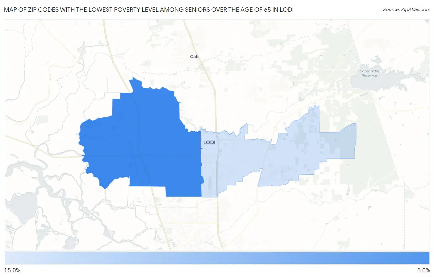 Zip Codes with the Lowest Poverty Level Among Seniors Over the Age of 65 in Lodi Map