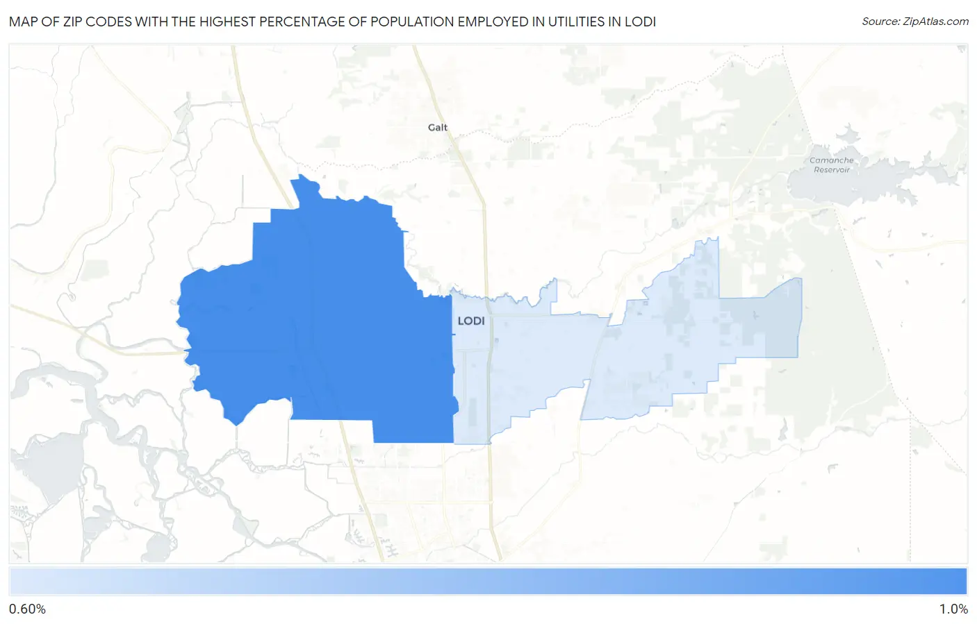 Zip Codes with the Highest Percentage of Population Employed in Utilities in Lodi Map