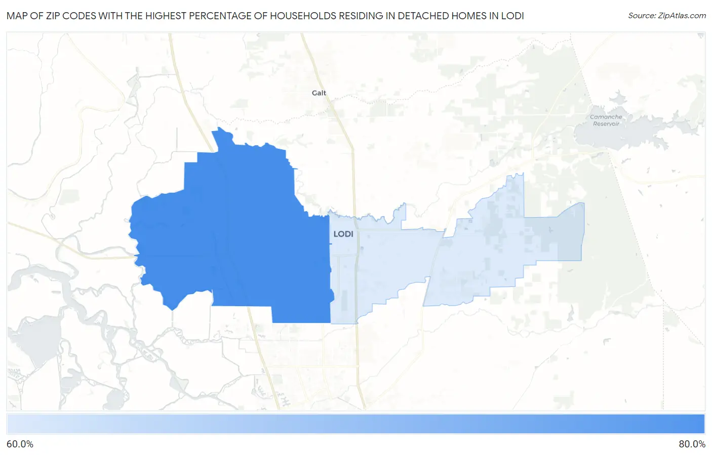 Zip Codes with the Highest Percentage of Households Residing in Detached Homes in Lodi Map