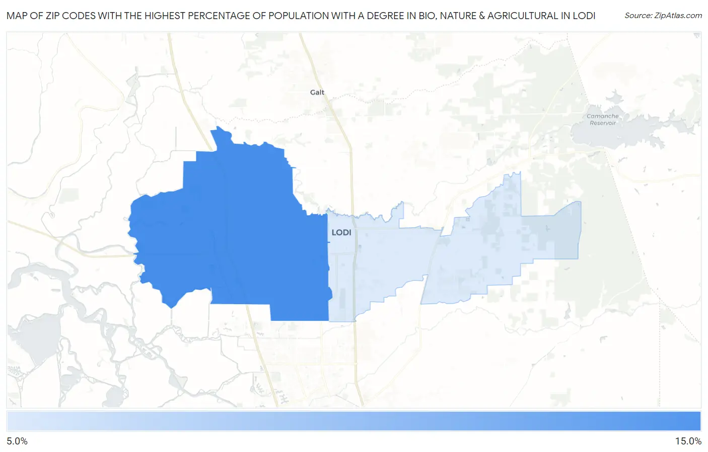Zip Codes with the Highest Percentage of Population with a Degree in Bio, Nature & Agricultural in Lodi Map