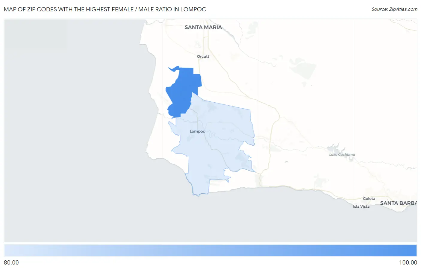 Zip Codes with the Highest Female / Male Ratio in Lompoc Map