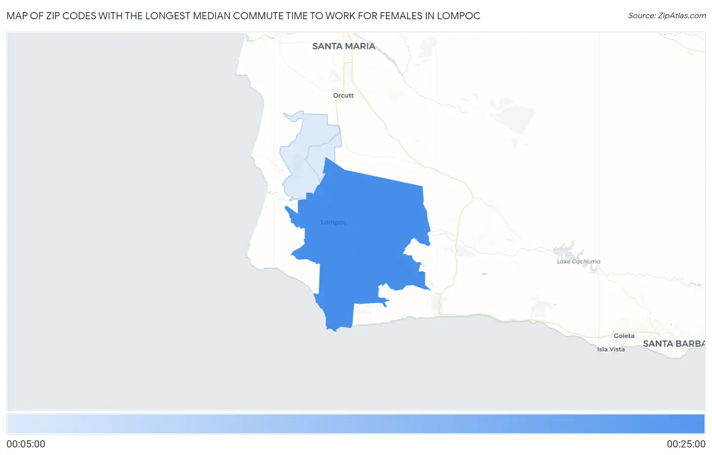 Zip Codes with the Longest Median Commute Time to Work for Females in Lompoc Map