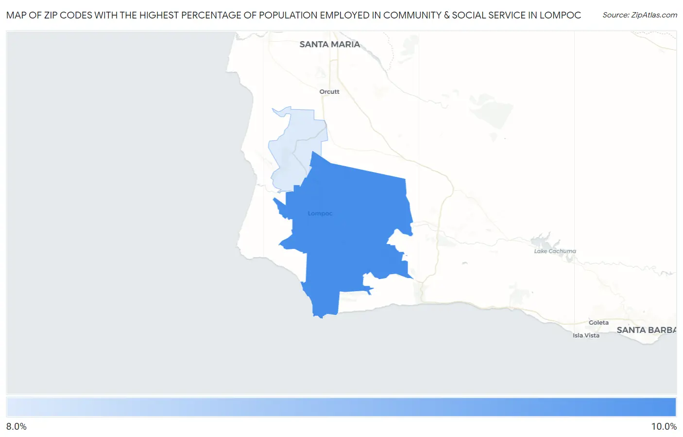 Zip Codes with the Highest Percentage of Population Employed in Community & Social Service  in Lompoc Map