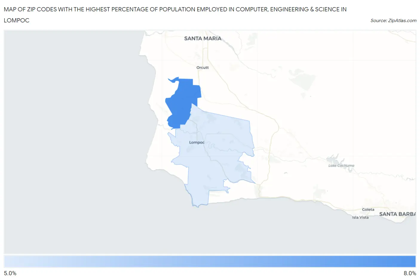 Zip Codes with the Highest Percentage of Population Employed in Computer, Engineering & Science in Lompoc Map
