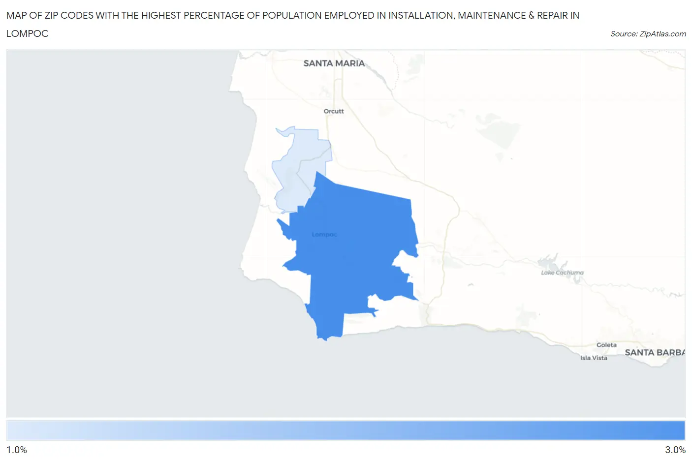 Zip Codes with the Highest Percentage of Population Employed in Installation, Maintenance & Repair in Lompoc Map