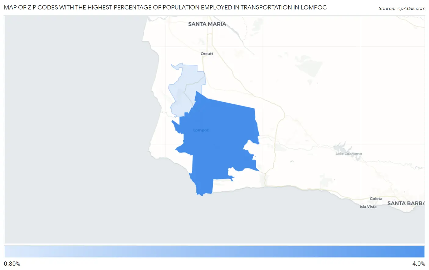 Zip Codes with the Highest Percentage of Population Employed in Transportation in Lompoc Map