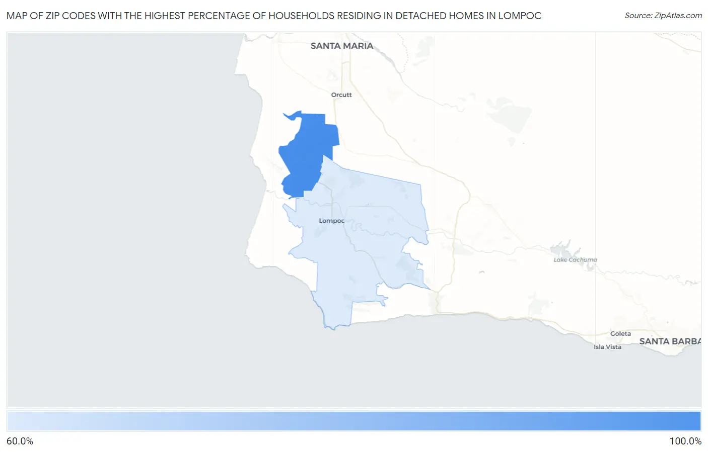 Zip Codes with the Highest Percentage of Households Residing in Detached Homes in Lompoc Map