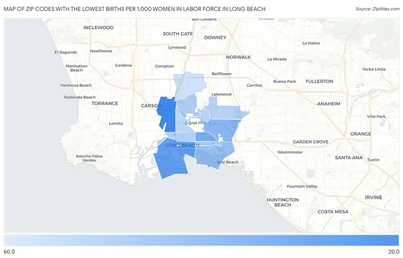 Zip Codes with the Lowest Births per 1,000 Women in Labor Force in Long Beach Map
