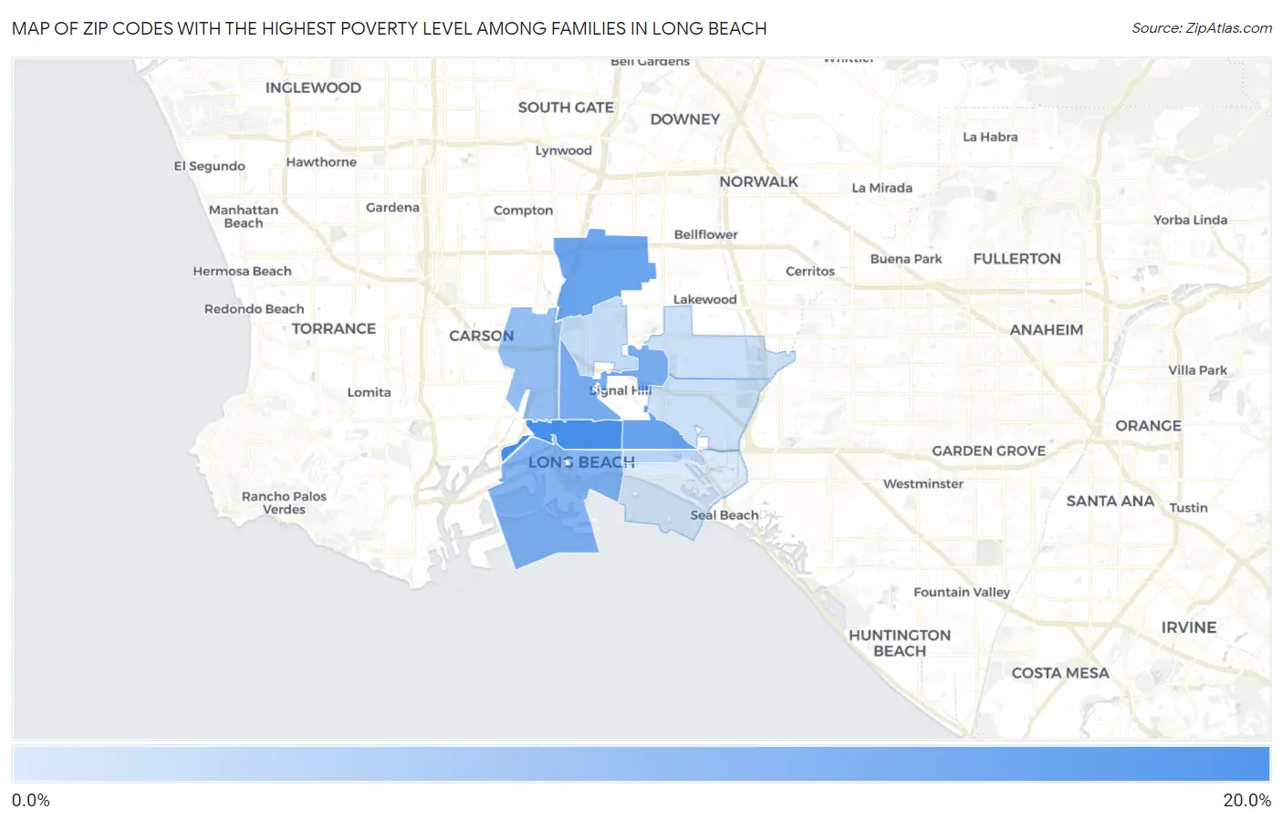Zip Codes with the Highest Poverty Level Among Families in Long Beach Map