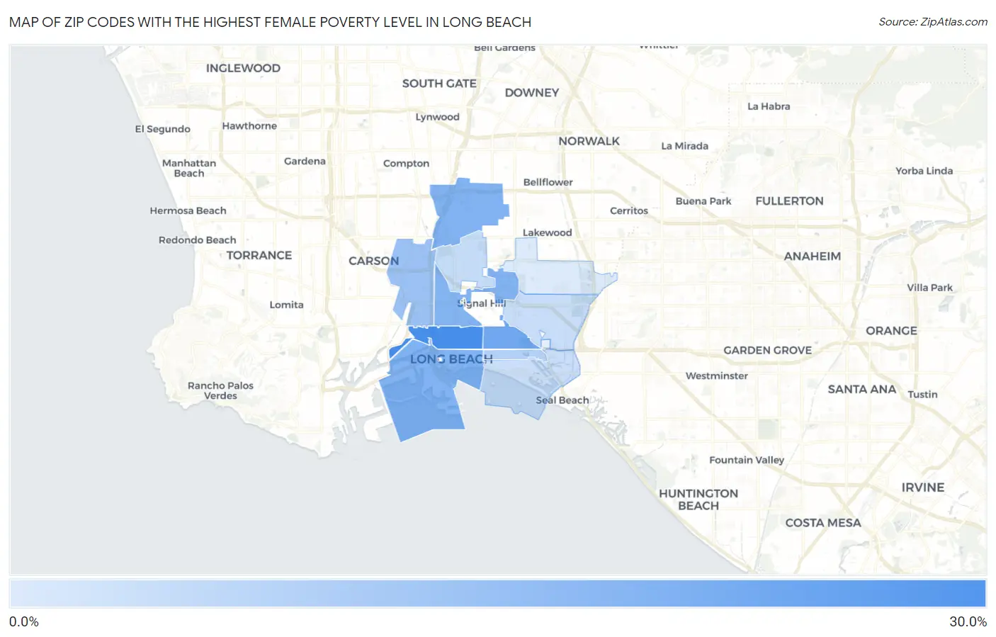 Zip Codes with the Highest Female Poverty Level in Long Beach Map