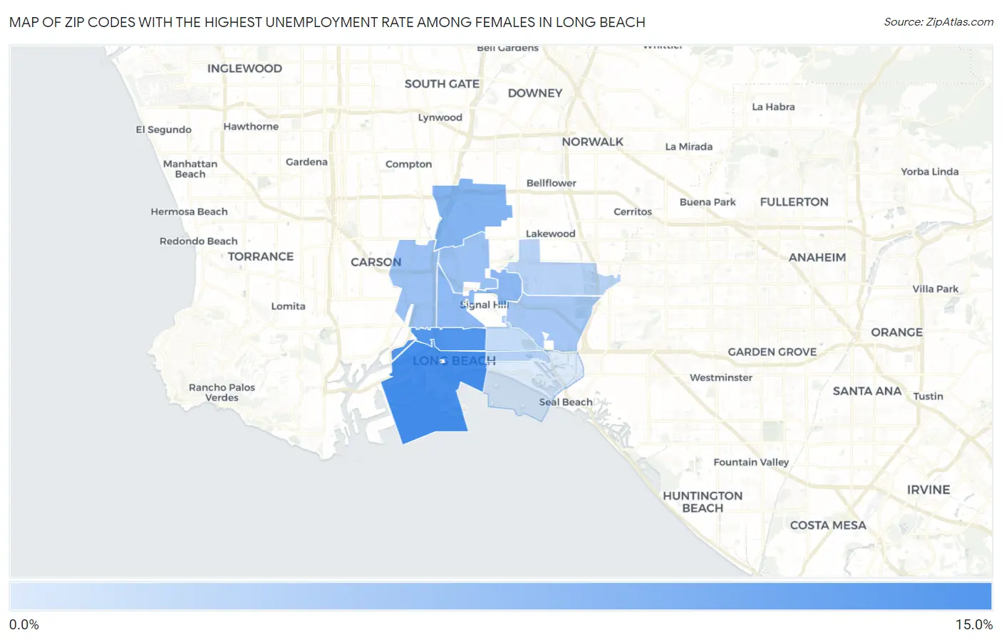 Zip Codes with the Highest Unemployment Rate Among Females in Long Beach Map
