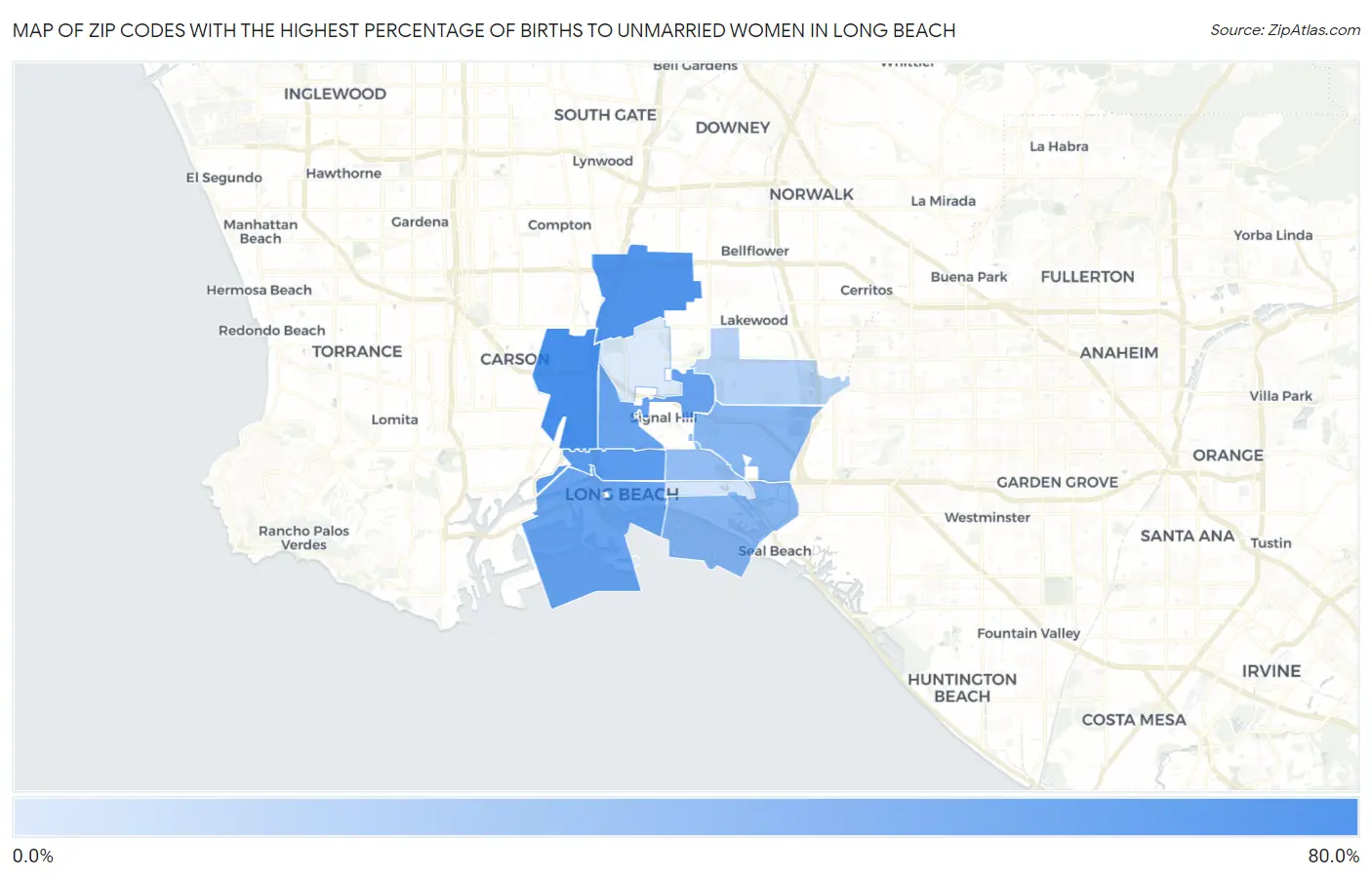 Zip Codes with the Highest Percentage of Births to Unmarried Women in Long Beach Map