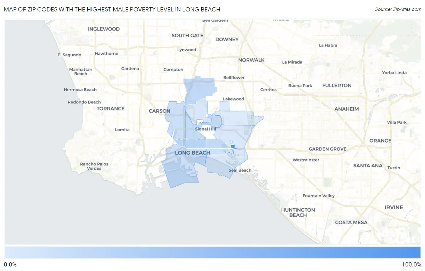 Zip Codes with the Highest Male Poverty Level in Long Beach Map