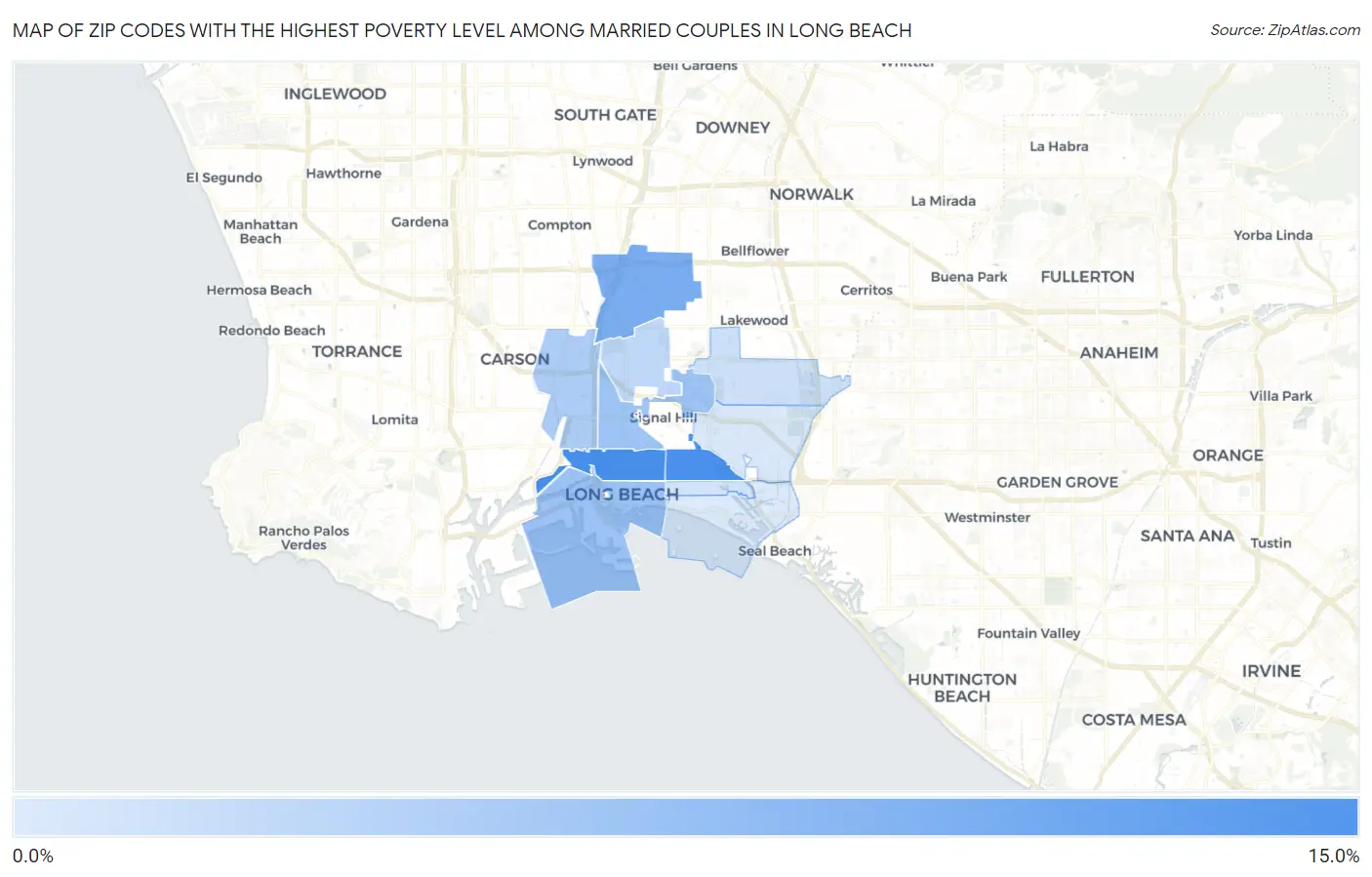 Zip Codes with the Highest Poverty Level Among Married Couples in Long Beach Map