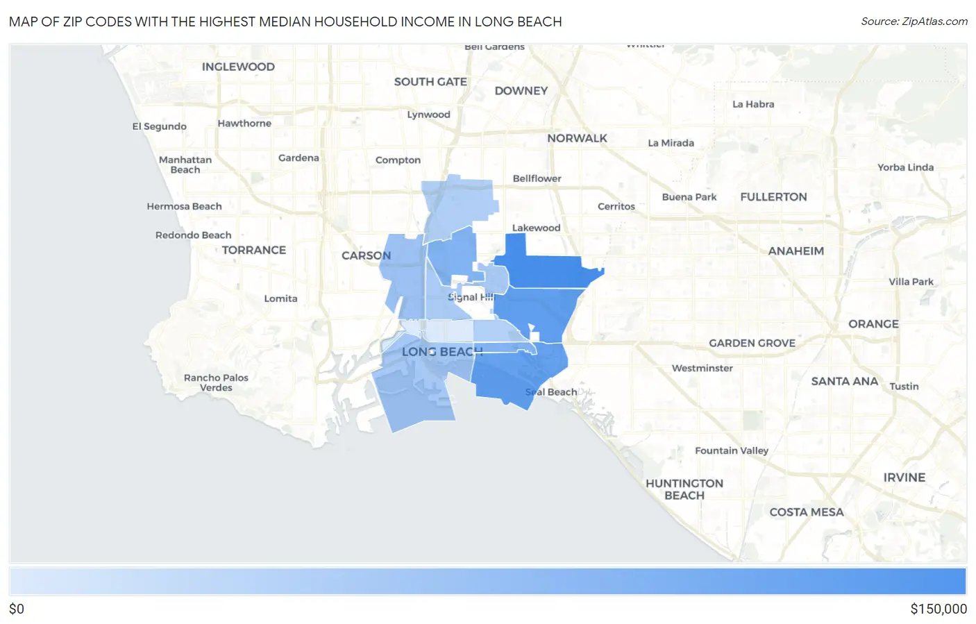 Zip Codes with the Highest Median Household Income in Long Beach Map