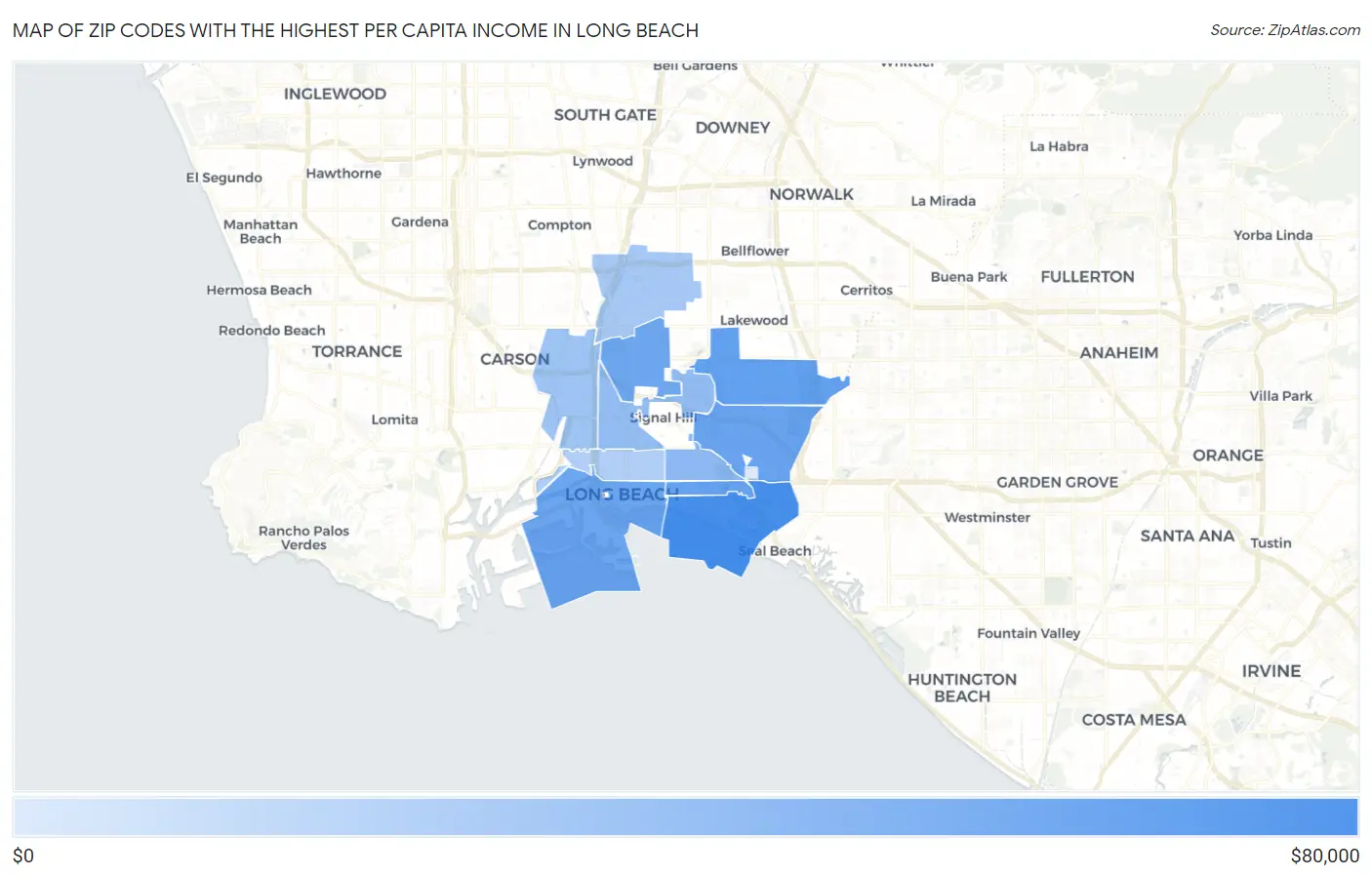 Zip Codes with the Highest Per Capita Income in Long Beach Map