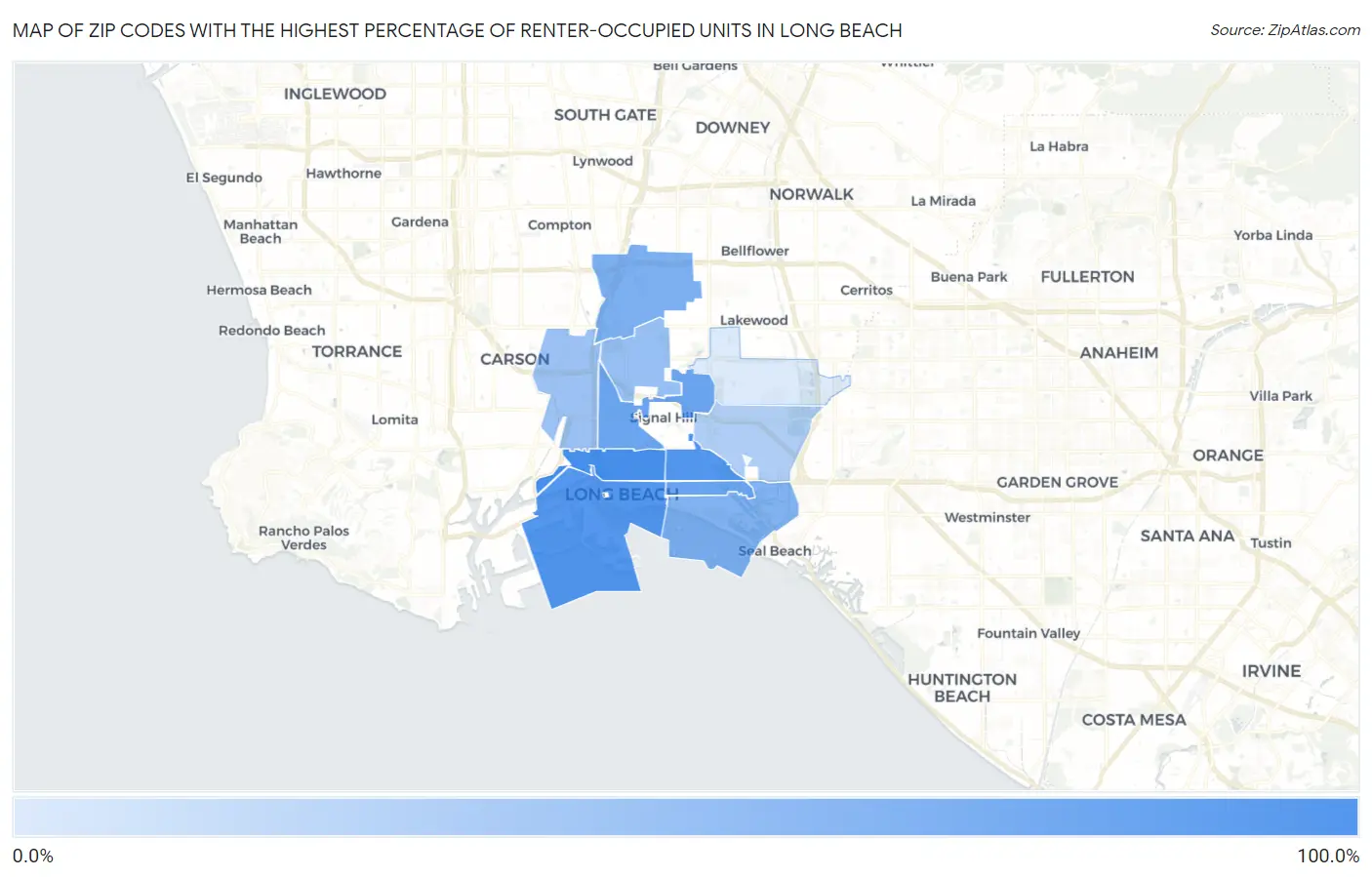 Zip Codes with the Highest Percentage of Renter-Occupied Units in Long Beach Map