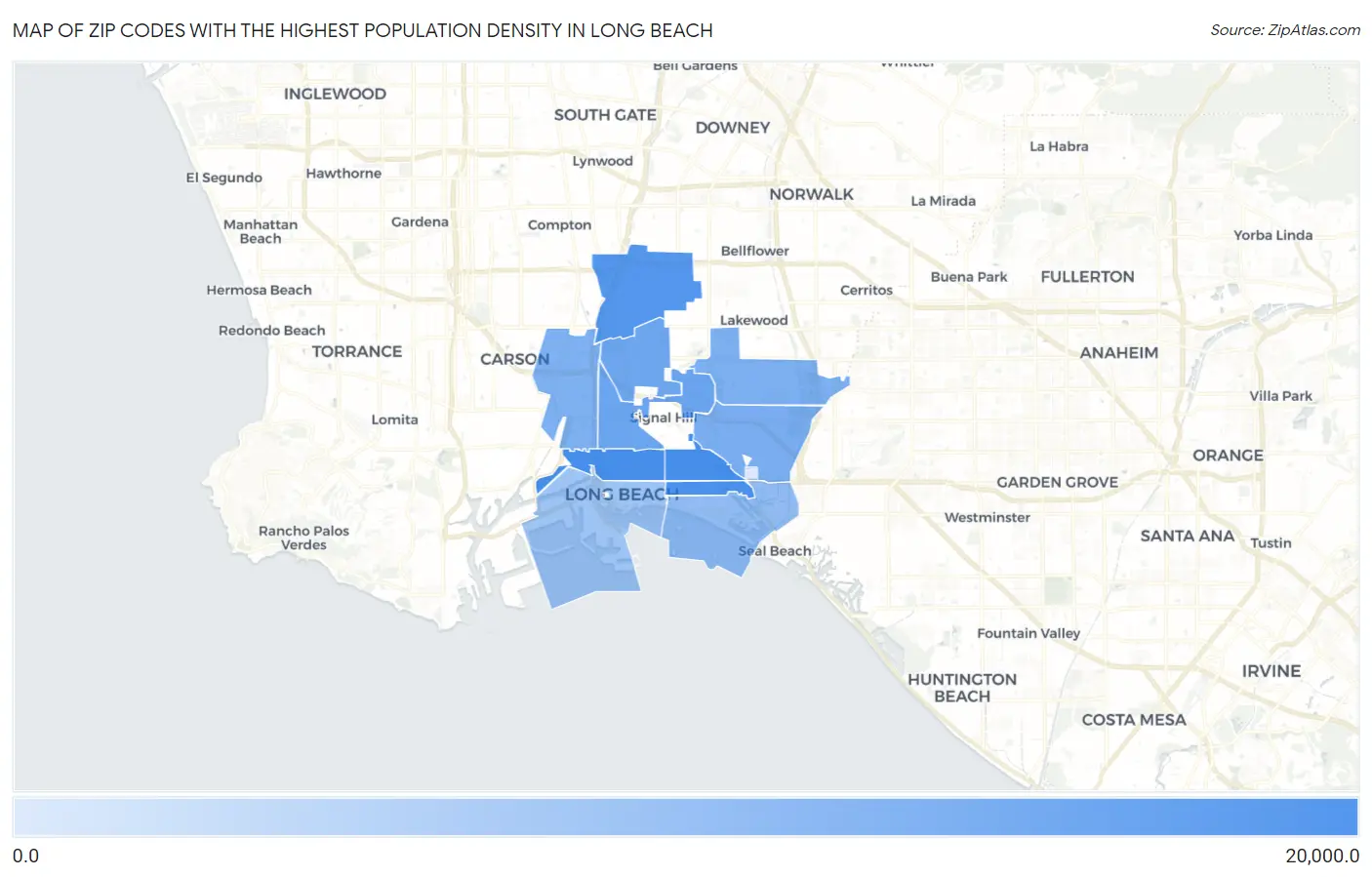 Zip Codes with the Highest Population Density in Long Beach Map
