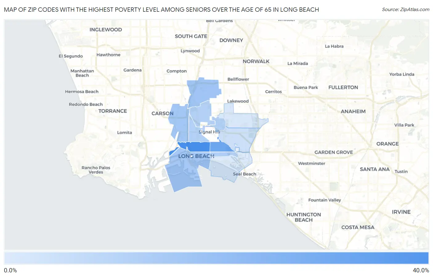 Zip Codes with the Highest Poverty Level Among Seniors Over the Age of 65 in Long Beach Map