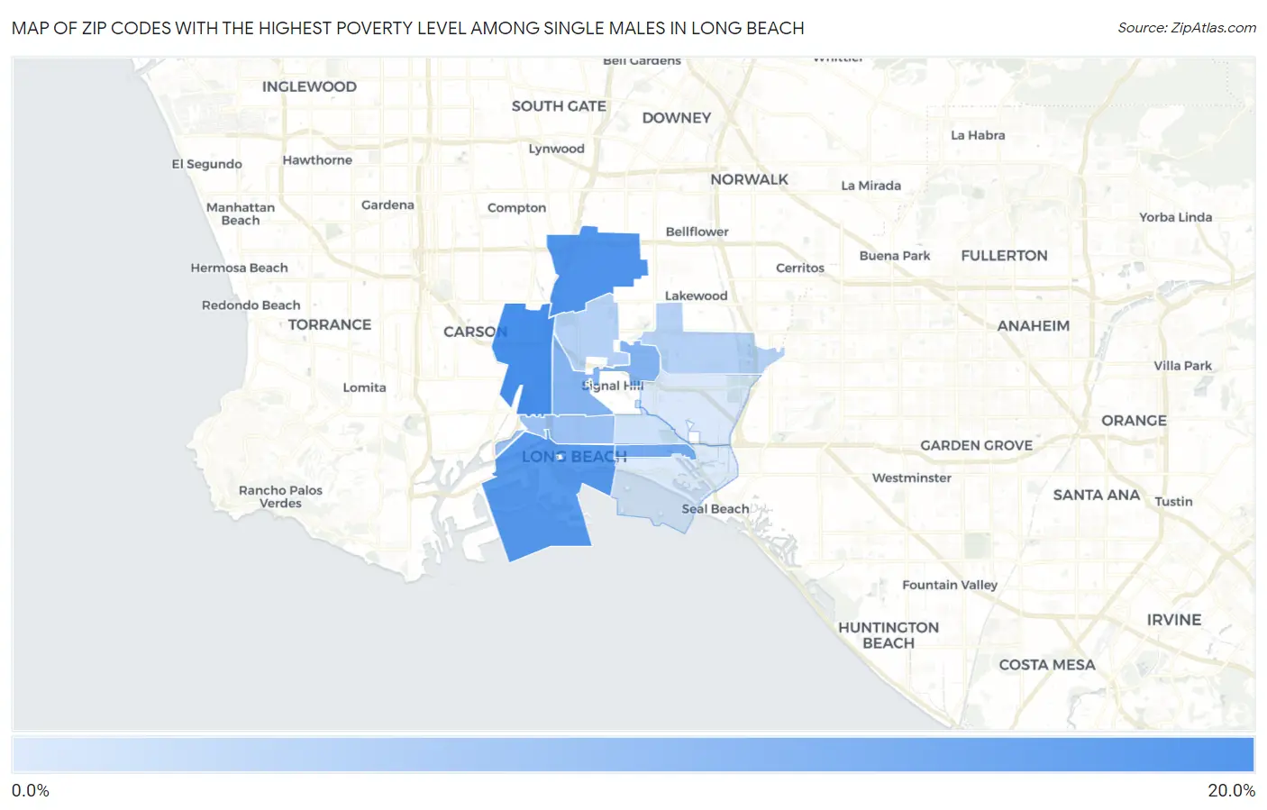 Zip Codes with the Highest Poverty Level Among Single Males in Long Beach Map