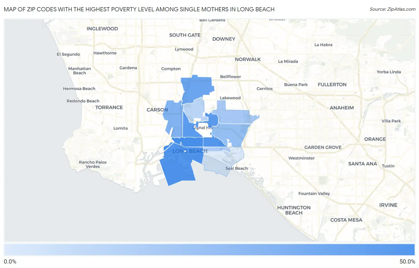 Zip Codes with the Highest Poverty Level Among Single Mothers in Long Beach Map