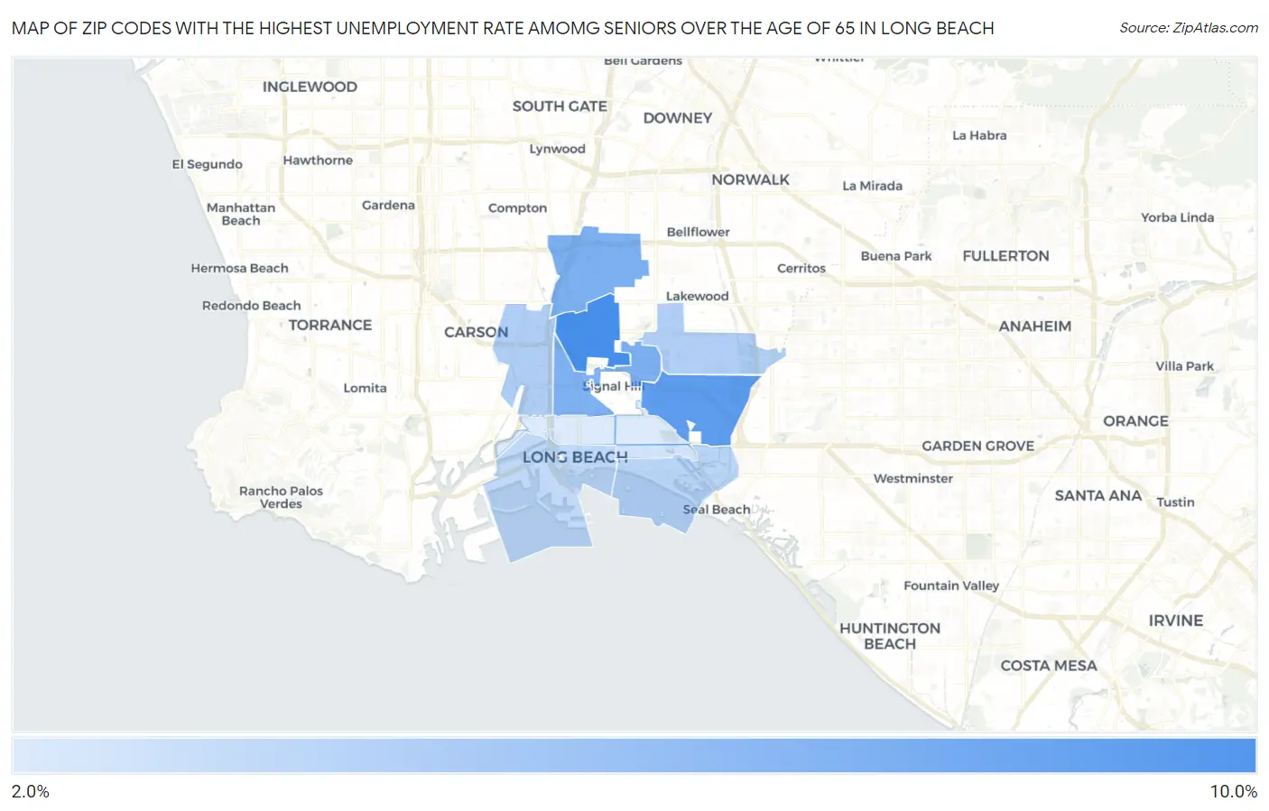 Zip Codes with the Highest Unemployment Rate Amomg Seniors Over the Age of 65 in Long Beach Map