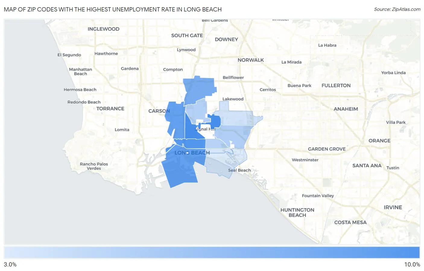 Zip Codes with the Highest Unemployment Rate in Long Beach Map