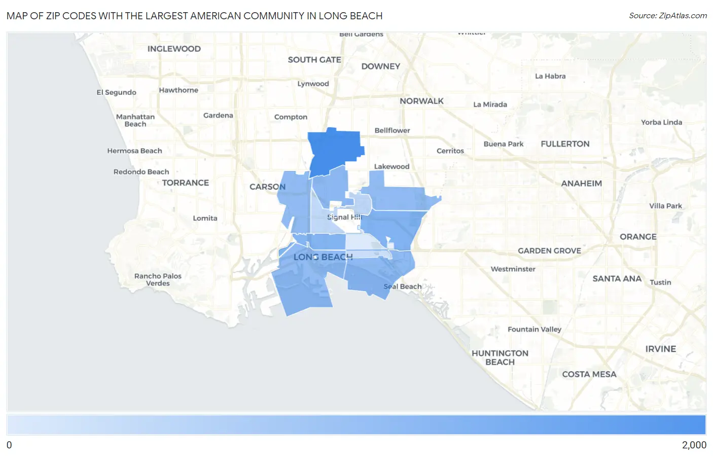 Zip Codes with the Largest American Community in Long Beach Map
