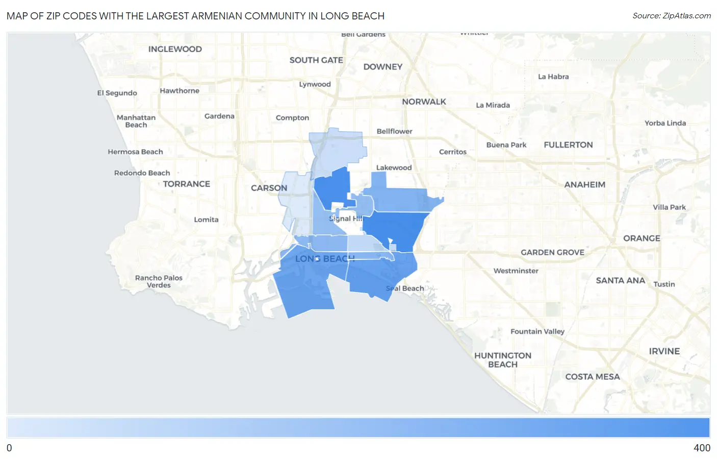Zip Codes with the Largest Armenian Community in Long Beach Map