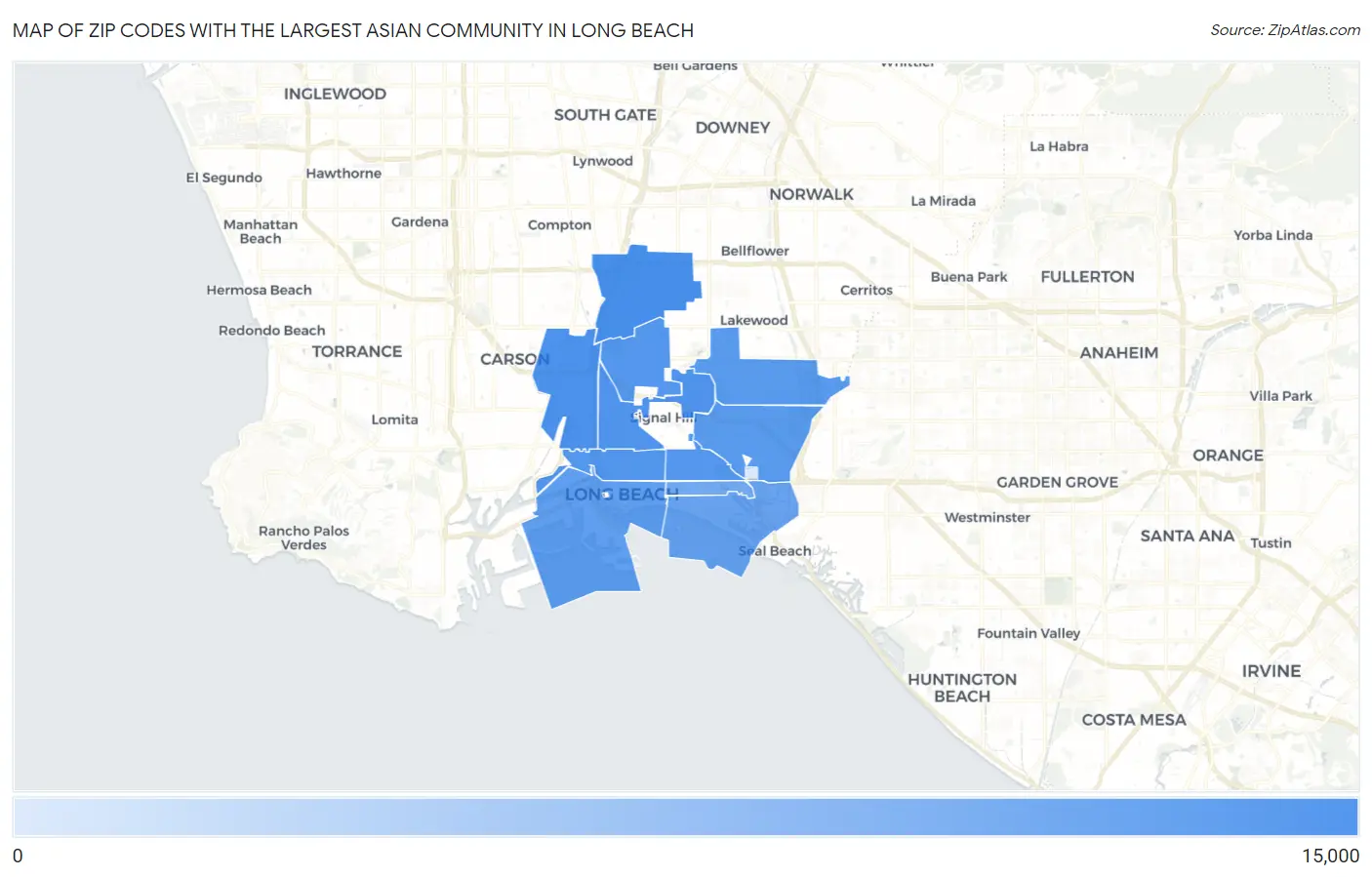 Zip Codes with the Largest Asian Community in Long Beach Map