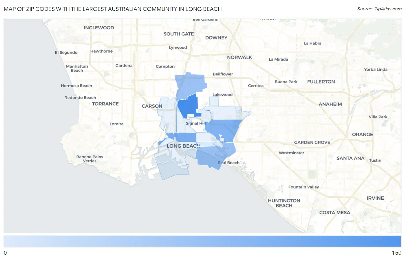 Zip Codes with the Largest Australian Community in Long Beach Map