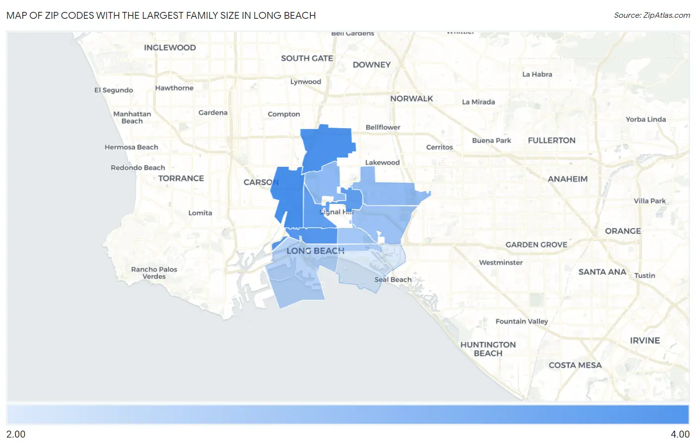 Zip Codes with the Largest Family Size in Long Beach Map
