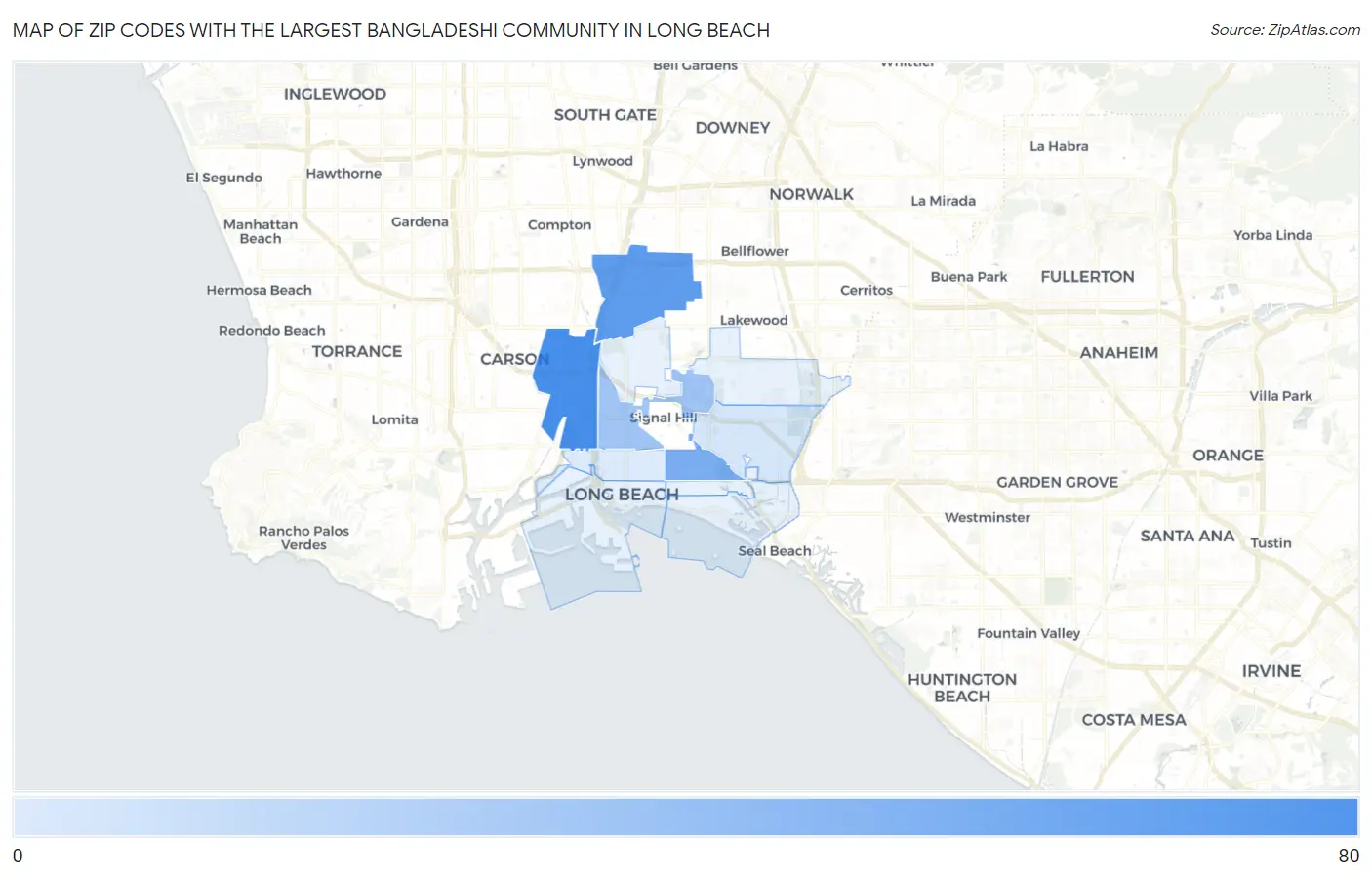 Zip Codes with the Largest Bangladeshi Community in Long Beach Map