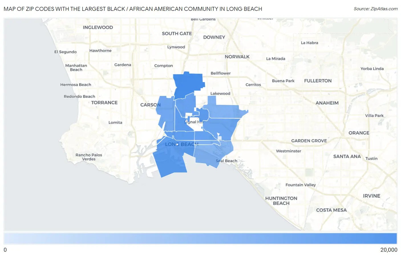 Zip Codes with the Largest Black / African American Community in Long Beach Map