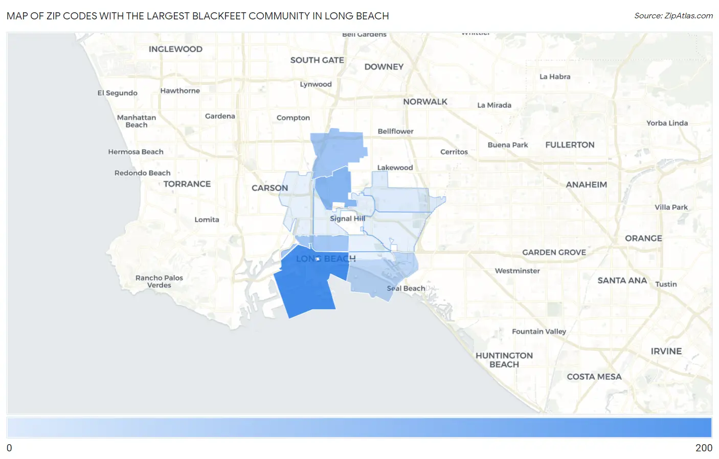 Zip Codes with the Largest Blackfeet Community in Long Beach Map