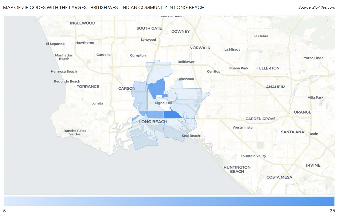 Zip Codes with the Largest British West Indian Community in Long Beach Map