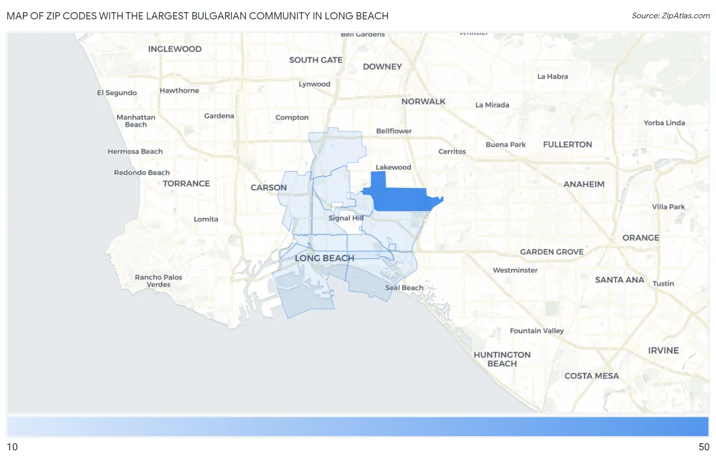 Zip Codes with the Largest Bulgarian Community in Long Beach Map