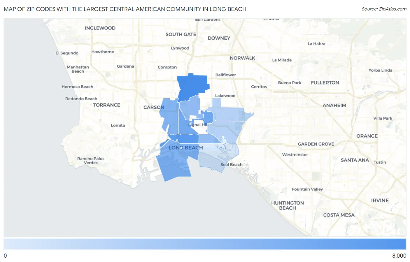 Zip Codes with the Largest Central American Community in Long Beach Map
