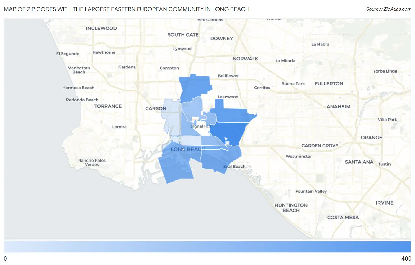 Zip Codes with the Largest Eastern European Community in Long Beach Map