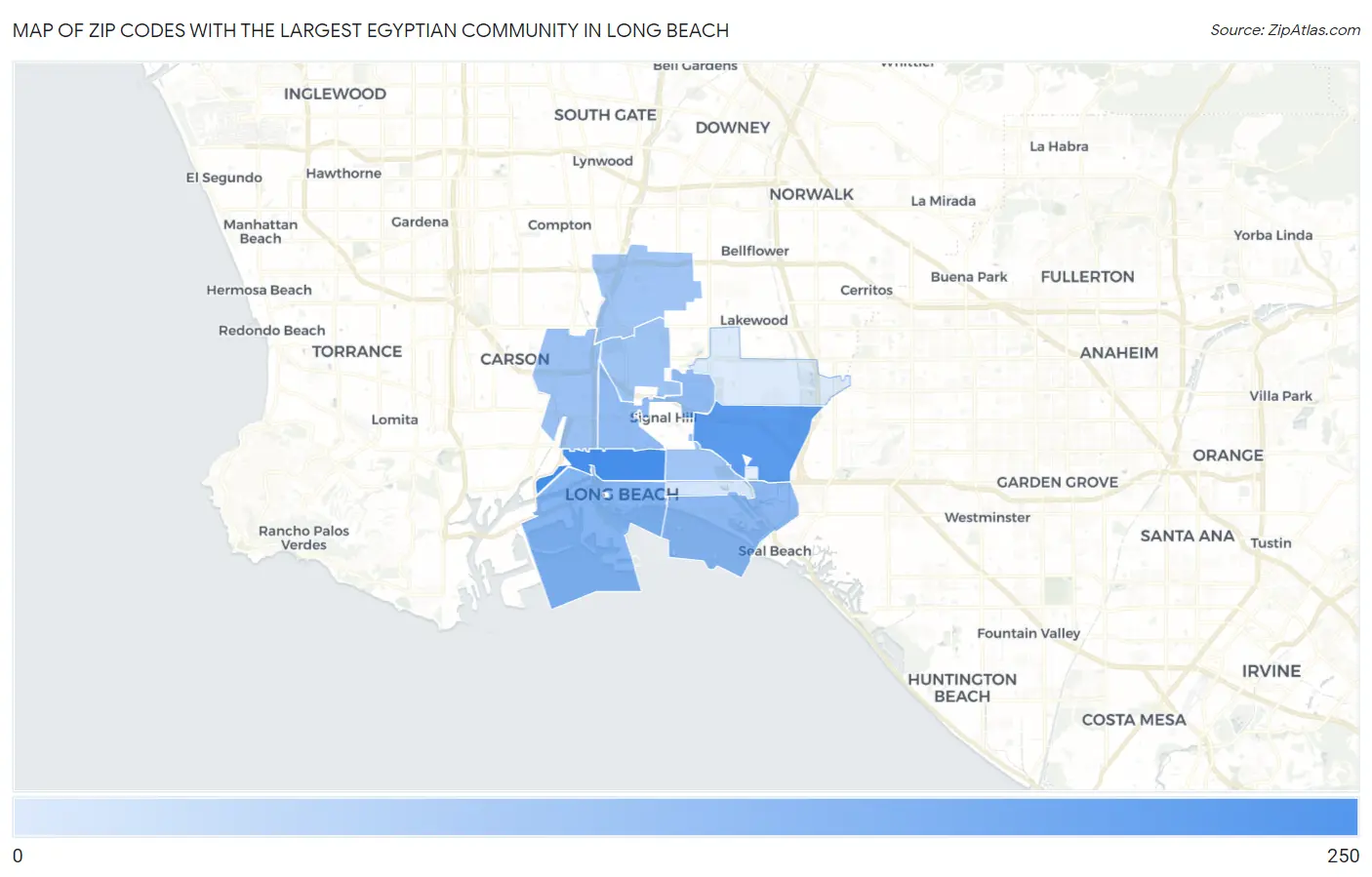 Zip Codes with the Largest Egyptian Community in Long Beach Map