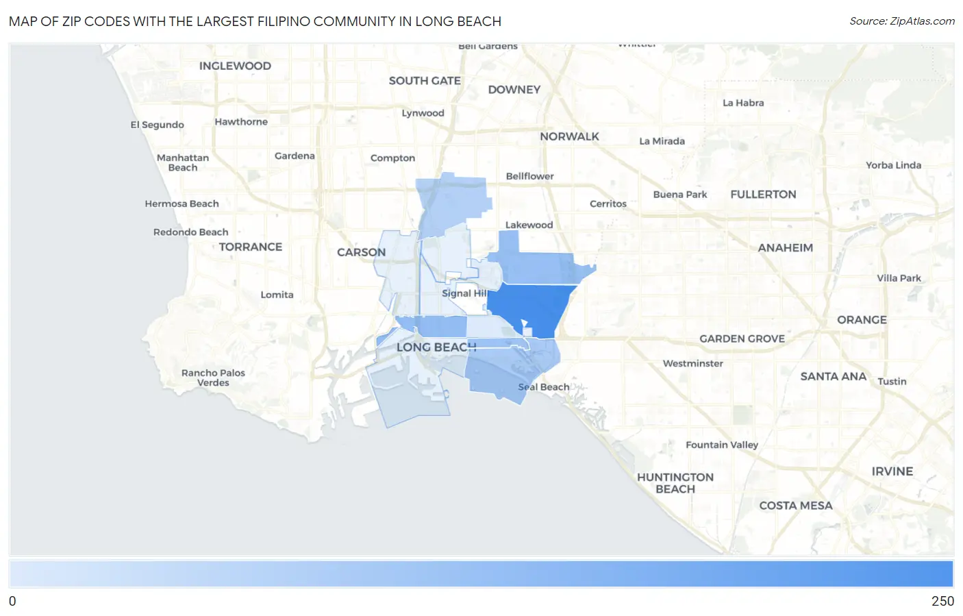 Zip Codes with the Largest Filipino Community in Long Beach Map