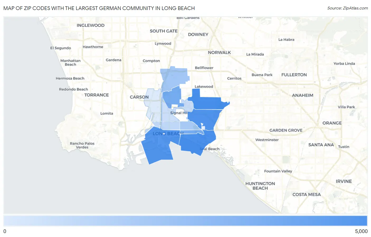 Zip Codes with the Largest German Community in Long Beach Map