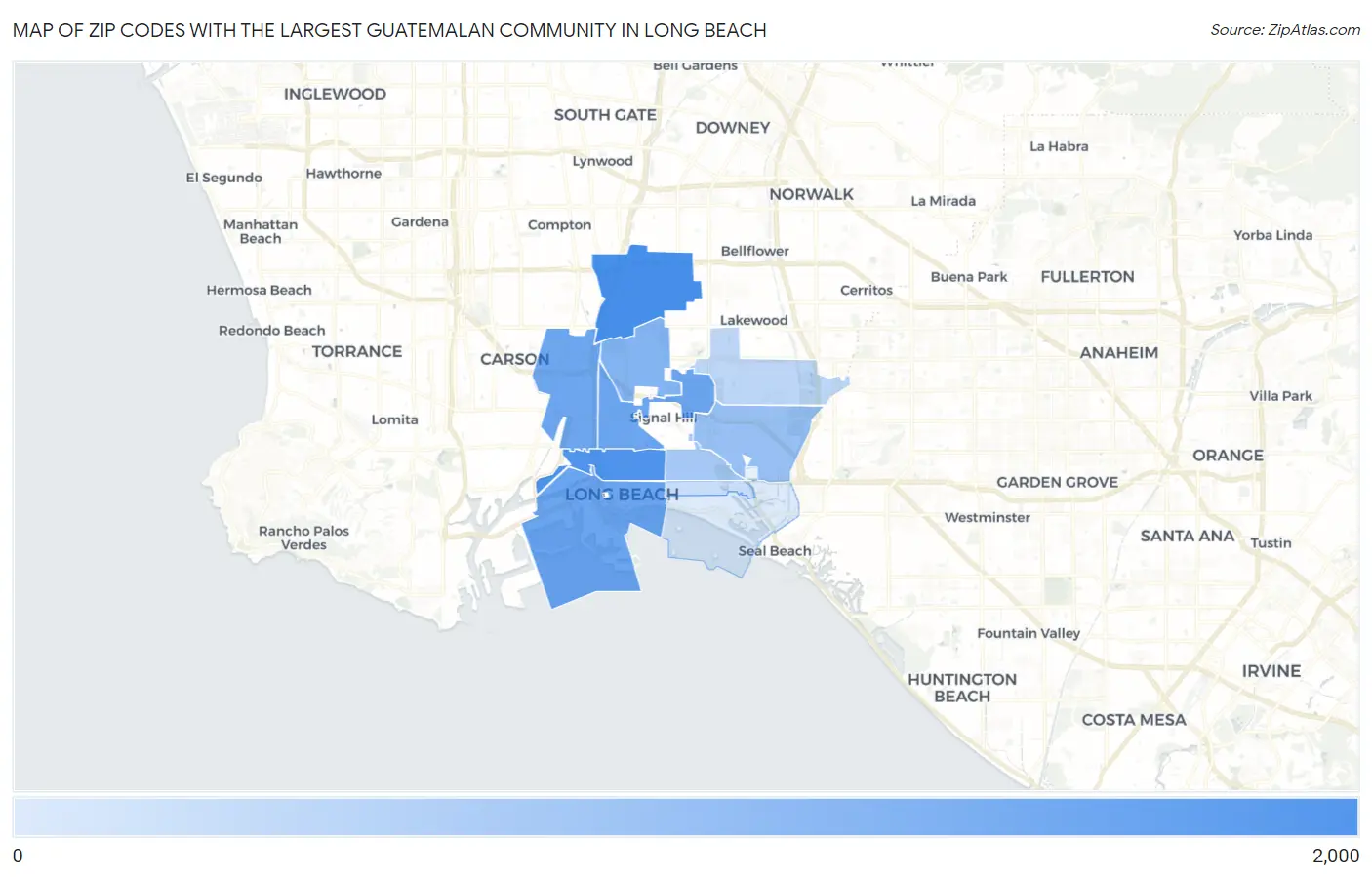 Zip Codes with the Largest Guatemalan Community in Long Beach Map