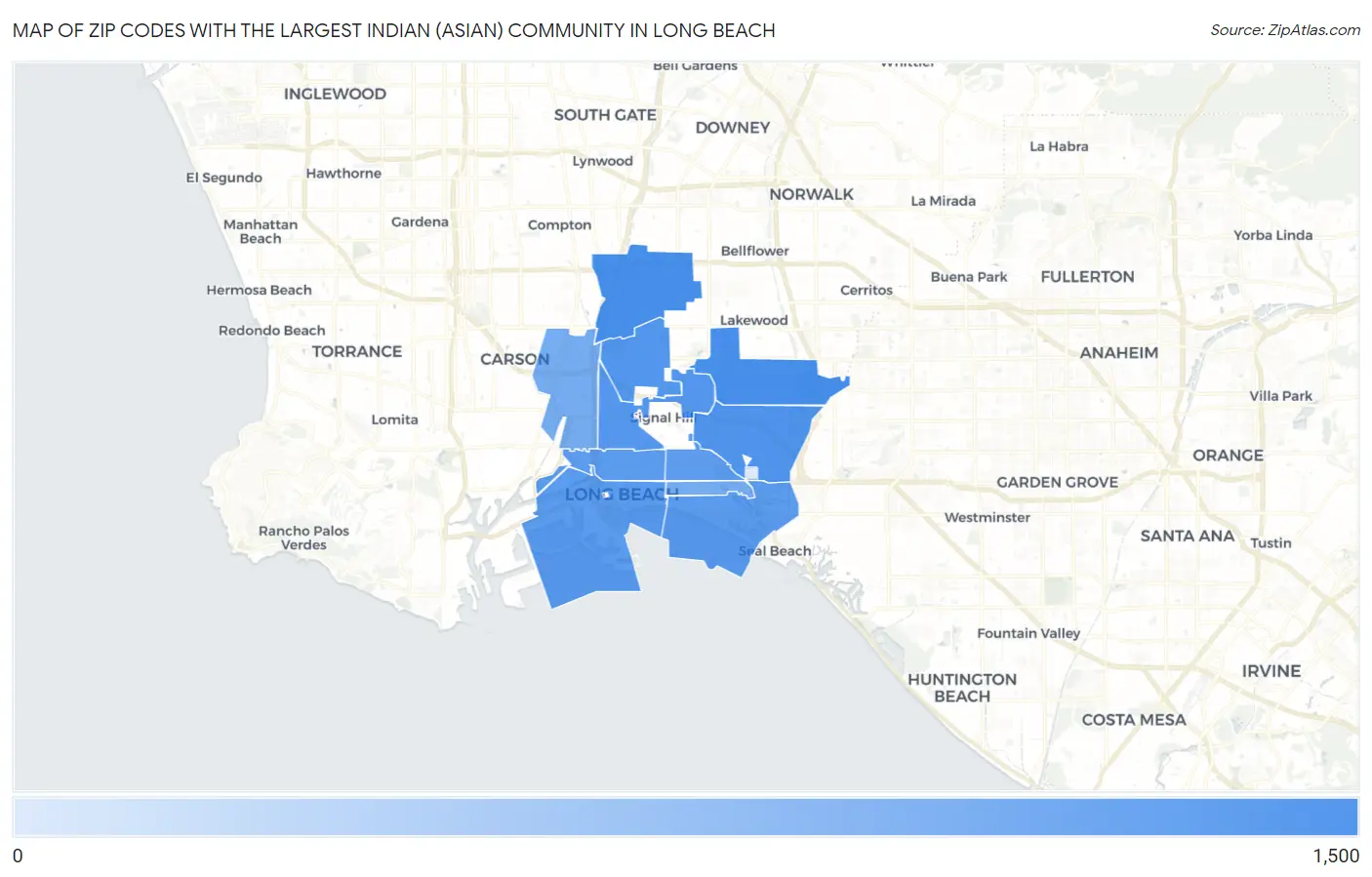 Zip Codes with the Largest Indian (Asian) Community in Long Beach Map