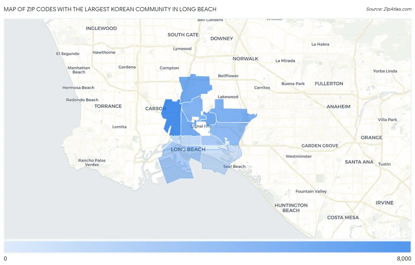 Zip Codes with the Largest Korean Community in Long Beach Map