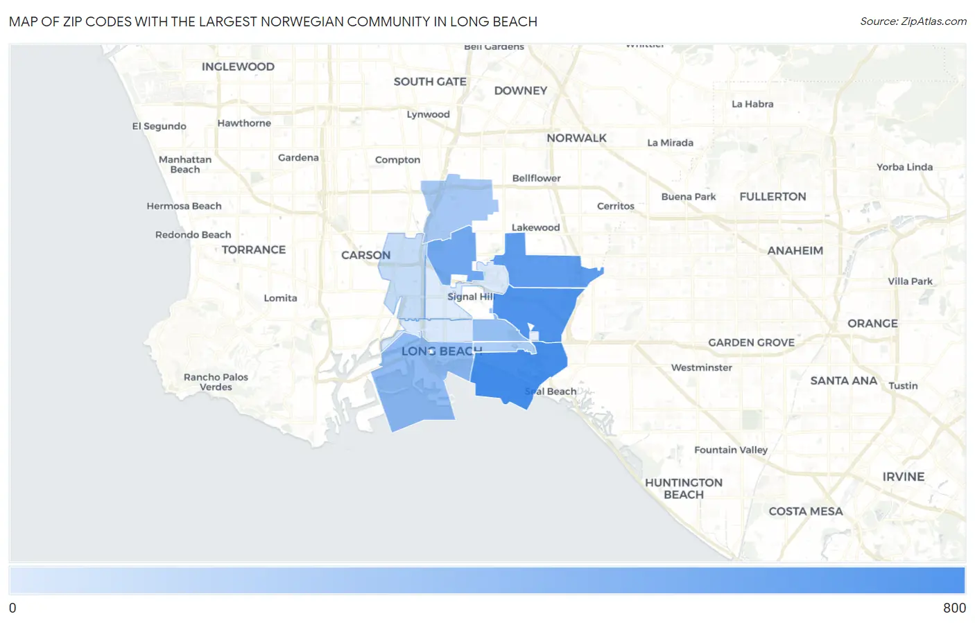 Zip Codes with the Largest Norwegian Community in Long Beach Map