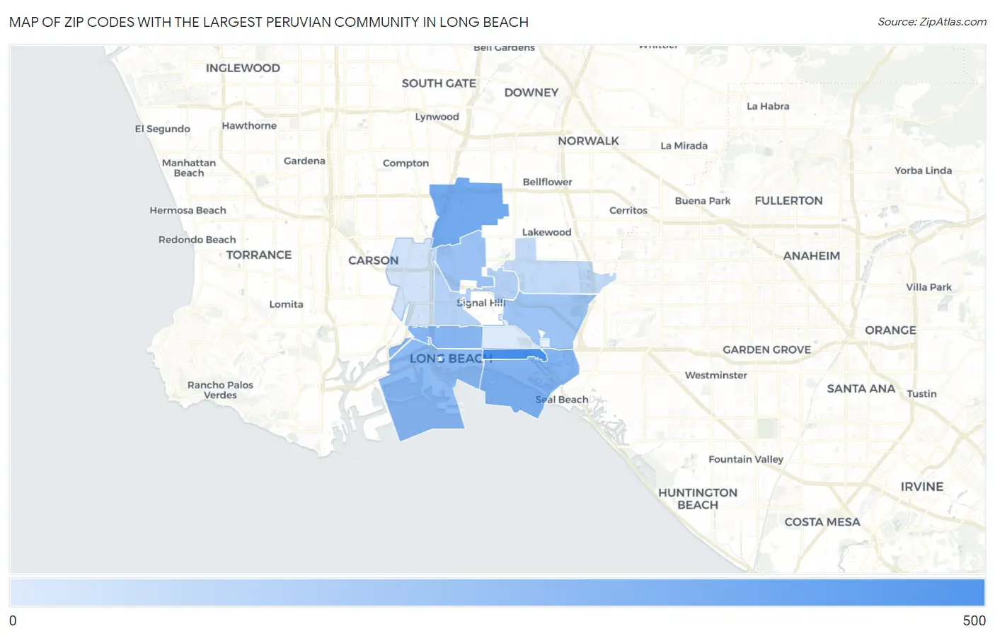 Zip Codes with the Largest Peruvian Community in Long Beach Map