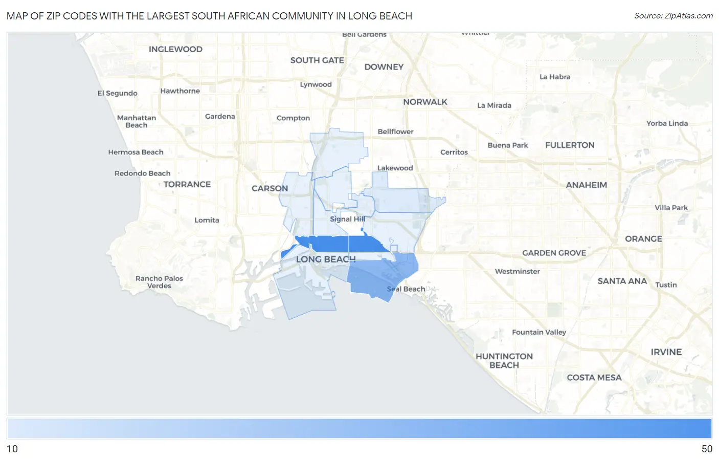 Zip Codes with the Largest South African Community in Long Beach Map